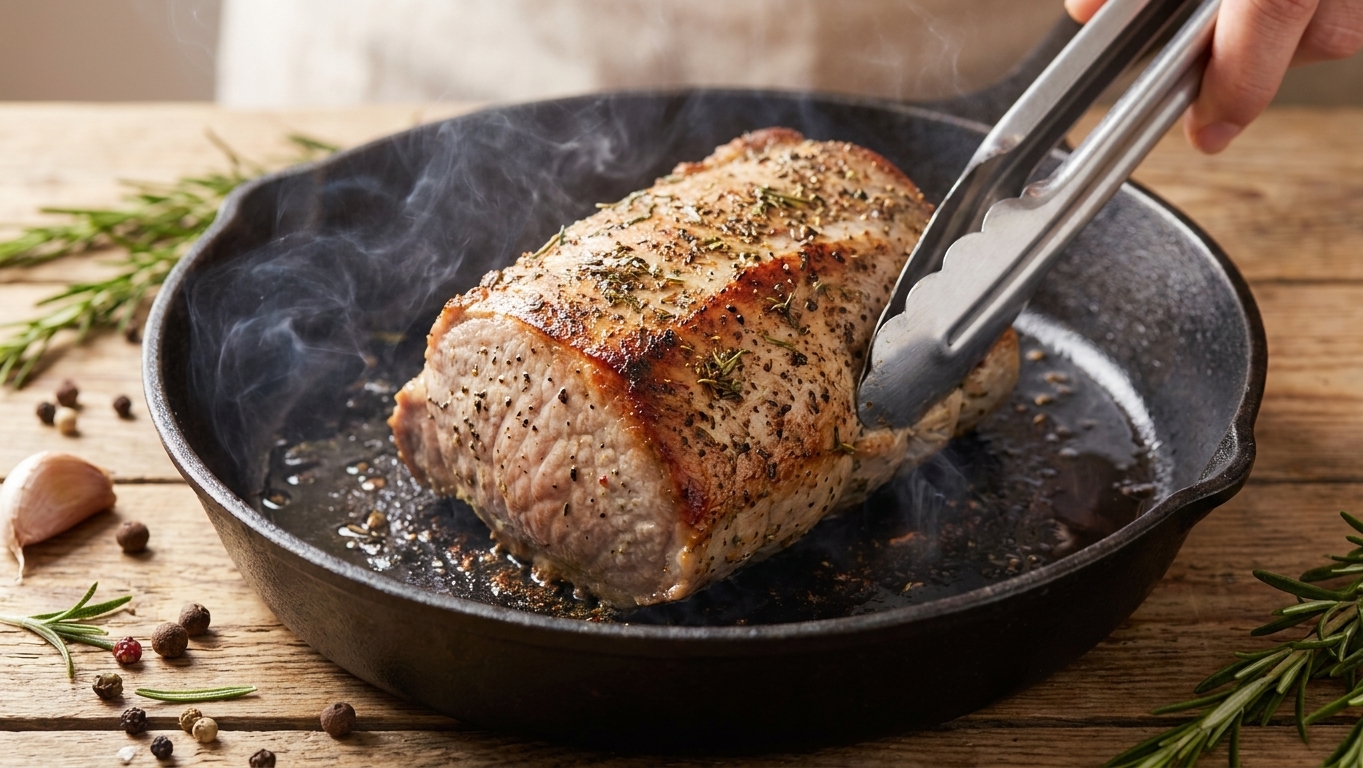 A pork loin roast being seared in a hot skillet with tongs