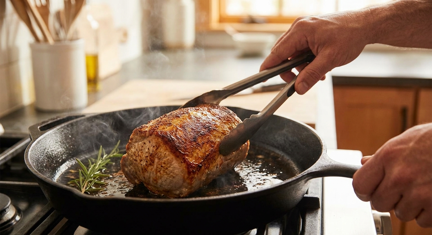 A pork loin roast browning in a hot skillet with golden crust forming on the surface