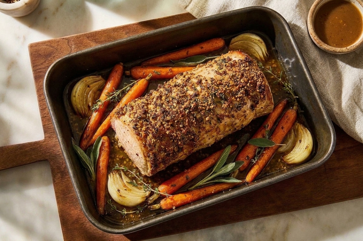 A pork loin roast in a roasting pan with carrots and onions around it