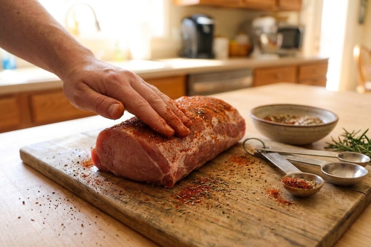 A pork loin roast on a cutting board being coated in a paprika and herb seasoning rub by hand