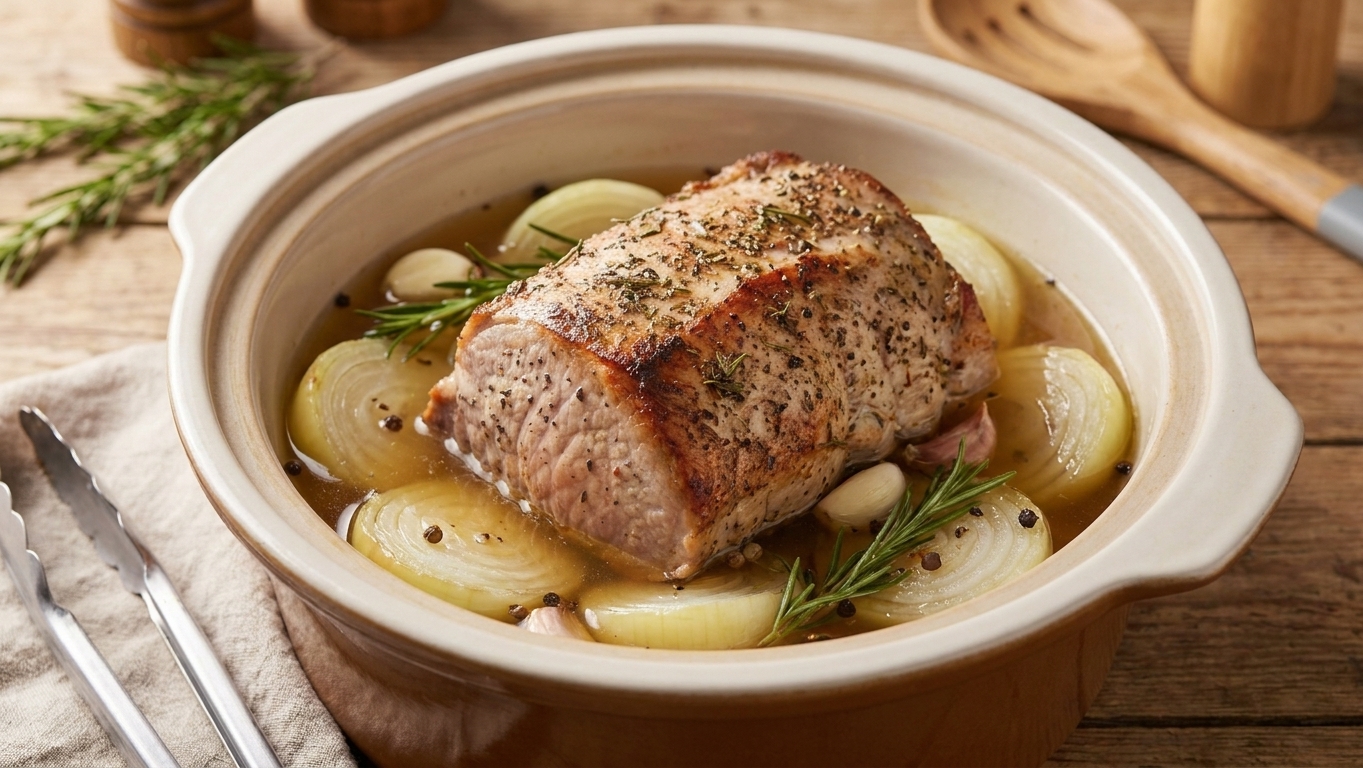 A pork loin roast on sliced onions inside a slow cooker with broth around the edges