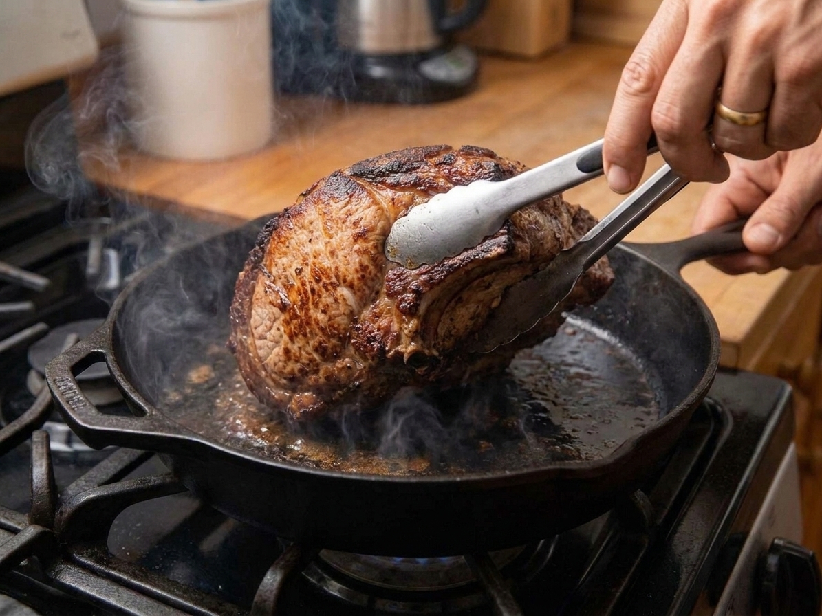 A pork roast being seared in a cast iron skillet with browned edges forming, held with tongs over a stovetop