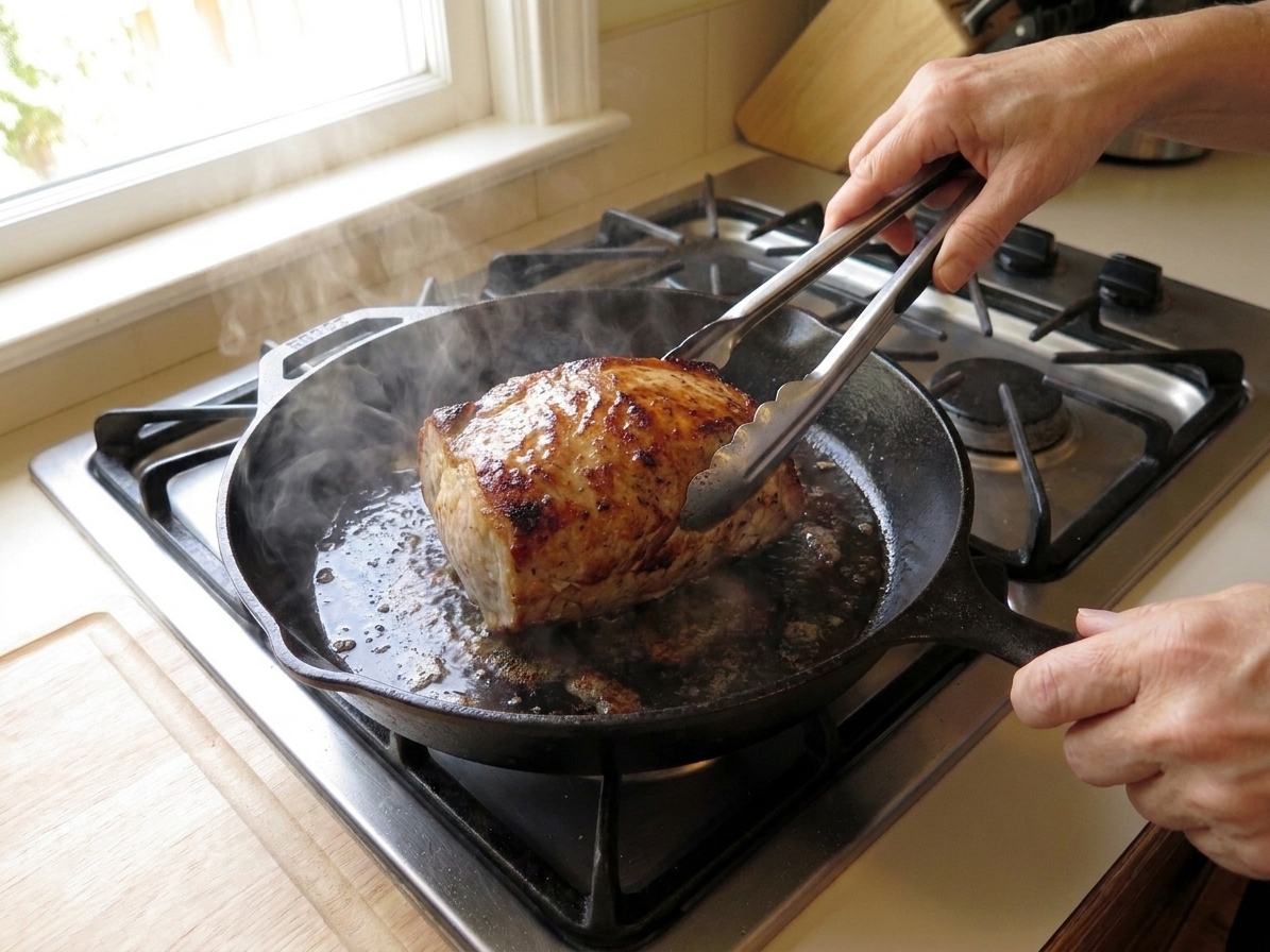A pork roast being seared in a hot skillet with browned edges forming, held with tongs over a stovetop