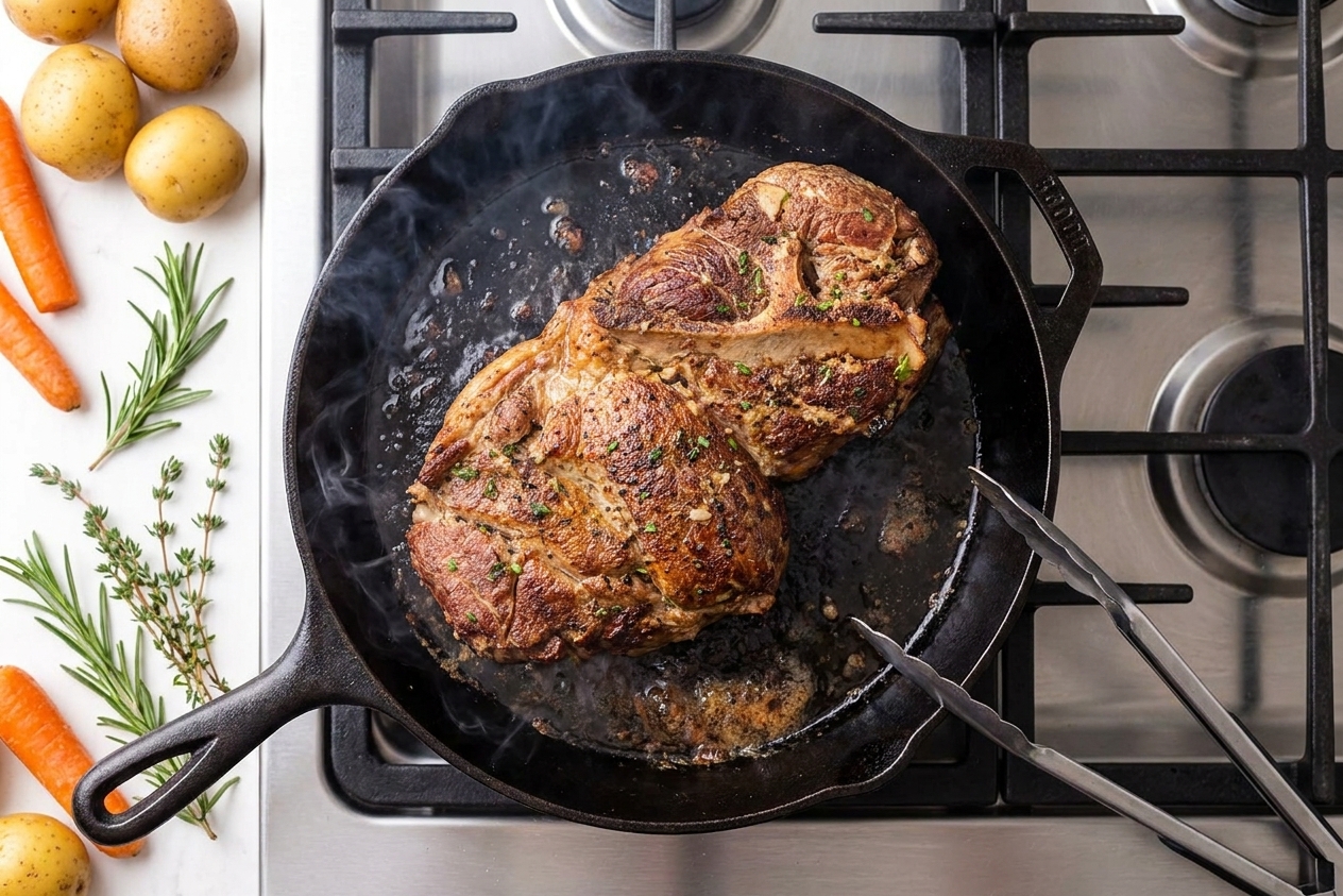 A pork roast browning in a hot cast iron skillet with tongs nearby on a home kitchen stove