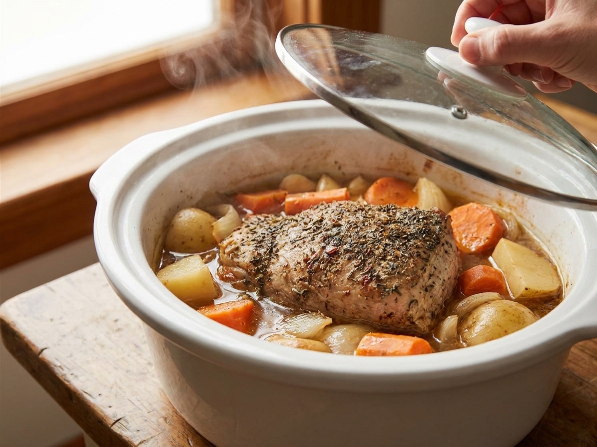A pork roast cooking in a slow cooker surrounded by potatoes and carrots, with the lid lifted slightly to show steam rising