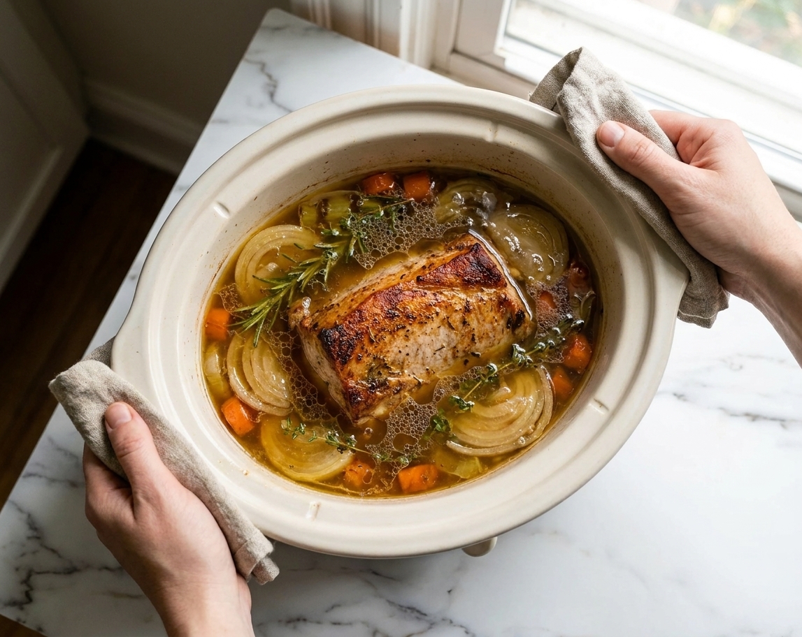 A pork roast cooking in a slow cooker with onions and broth bubbling gently around it