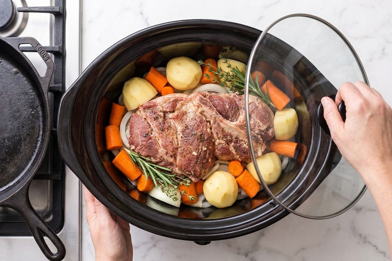 A pork roast resting on onions in a slow cooker with potatoes and carrots around it before the lid goes on