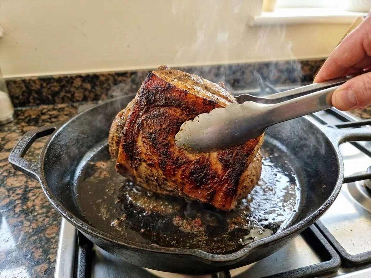 A pork shoulder being seared in a hot cast iron skillet with browned edges while held with tongs on a kitchen stove