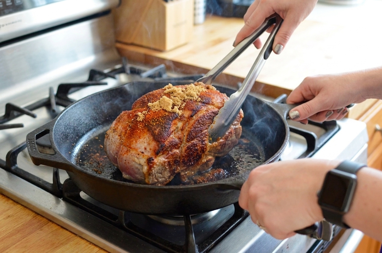 A pork shoulder being seared in a hot skillet on a stovetop with browned edges forming
