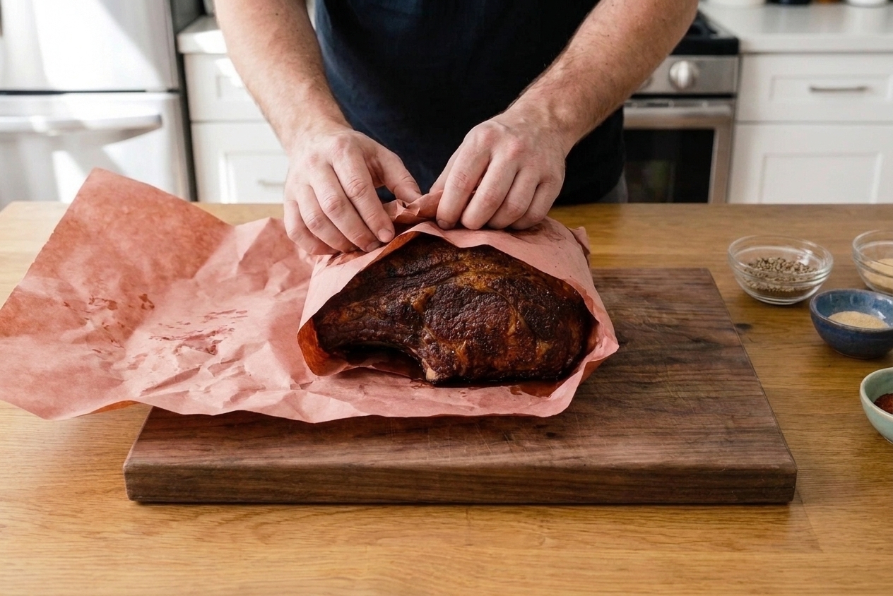 A pork shoulder being wrapped tightly in pink butcher paper on a cutting board
