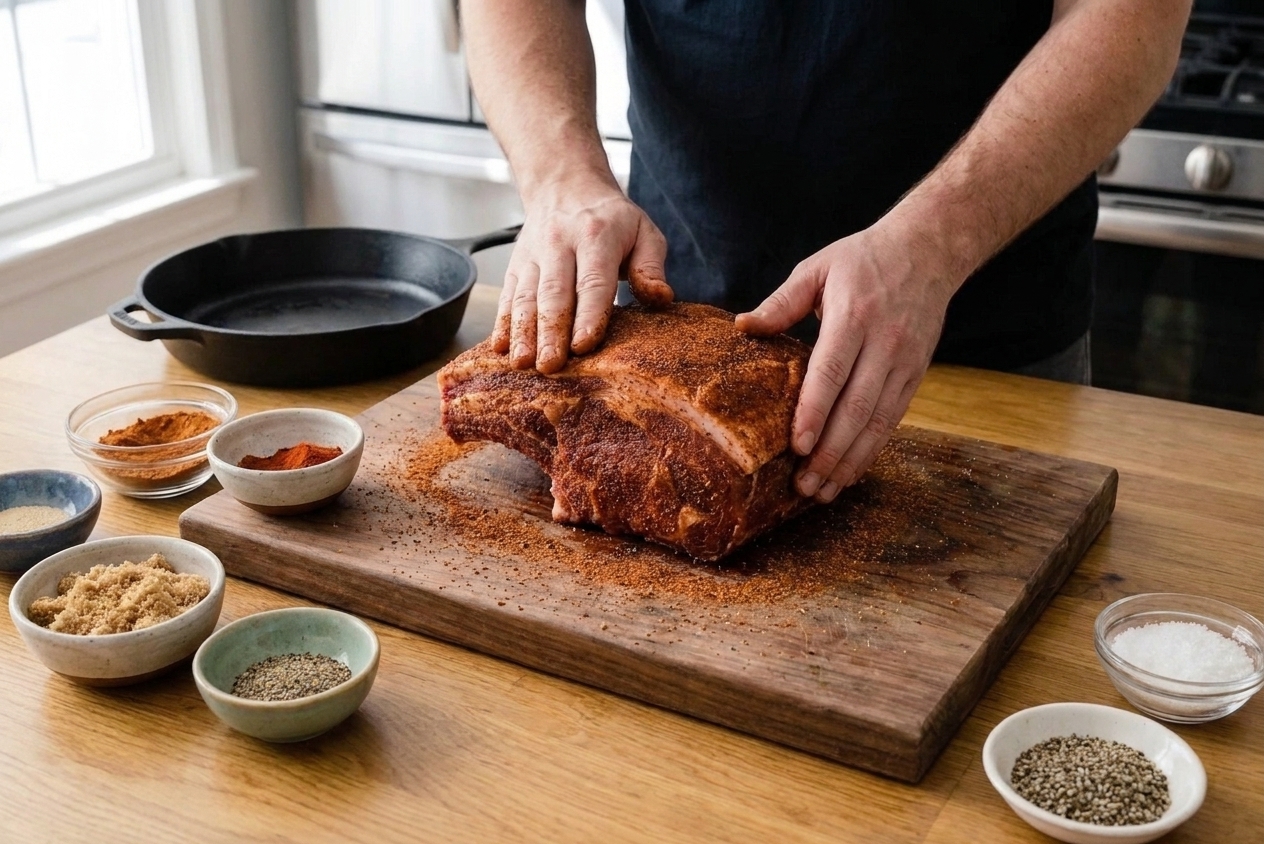 A pork shoulder coated in a dark BBQ dry rub on a cutting board