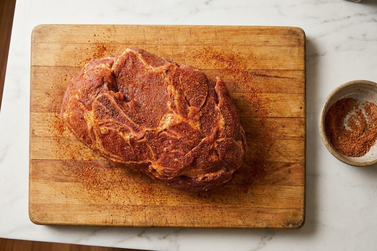 A pork shoulder coated in a reddish dry rub on a cutting board with spice residue and a small bowl nearby