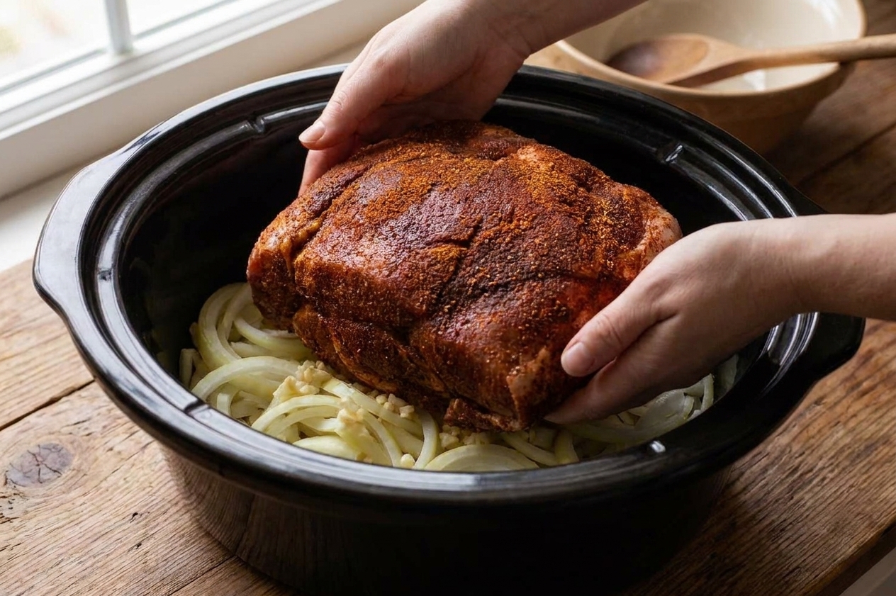 A pork shoulder coated in a spice rub placed into a slow cooker over sliced onions