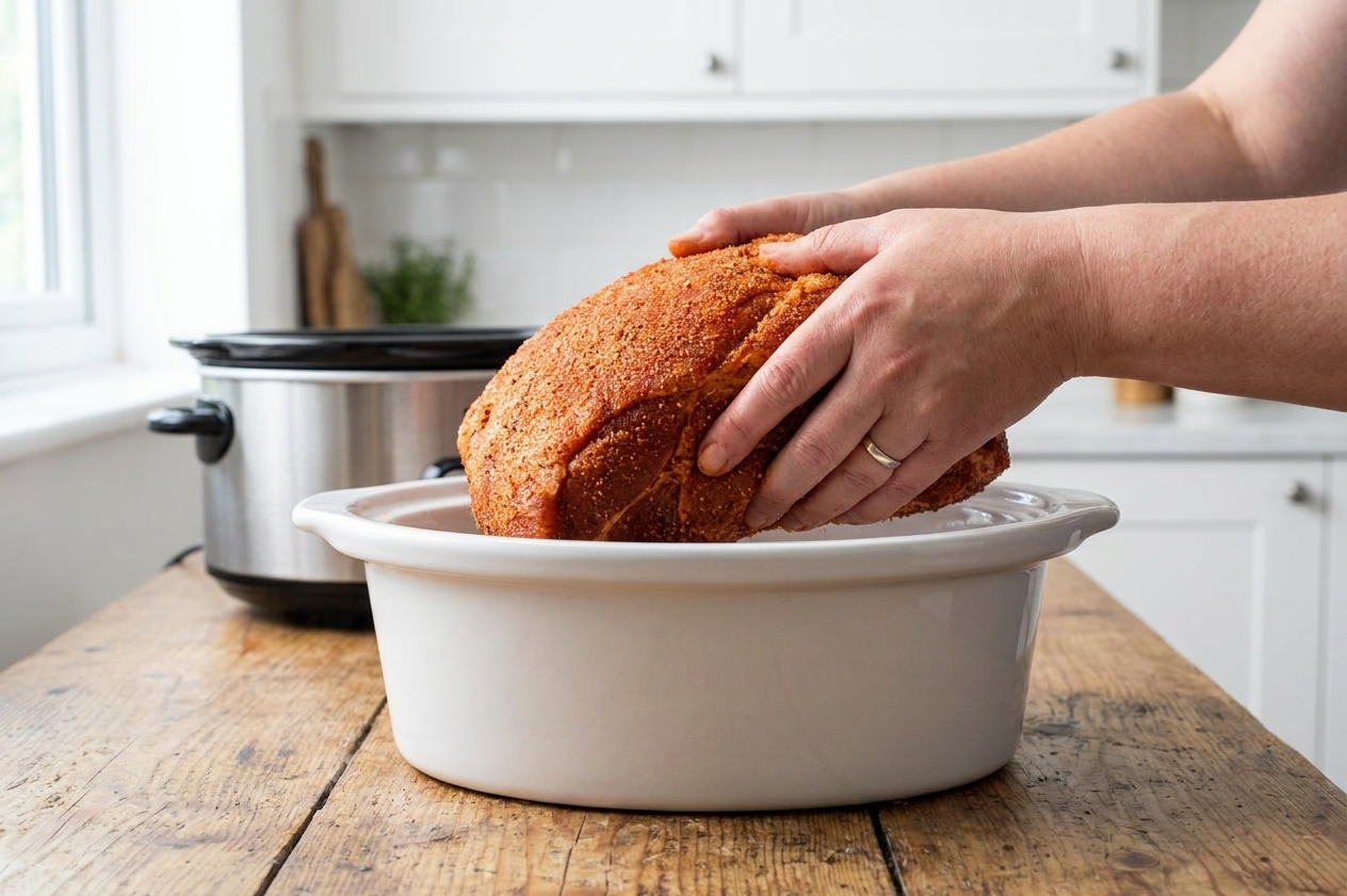 A pork shoulder coated in spice rub being lowered into a slow cooker insert on a clean kitchen counter