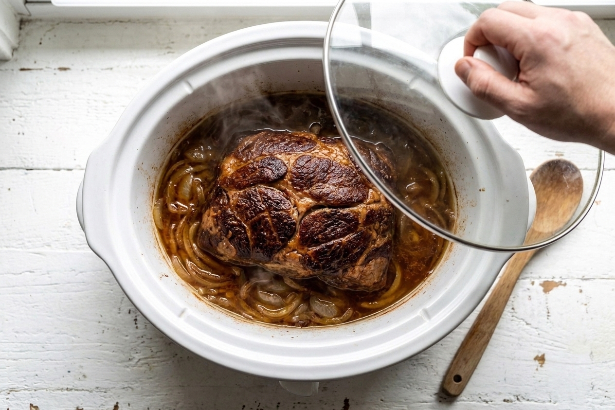 A pork shoulder cooking in a slow cooker with onions and broth visible around the edges, lid lifted slightly