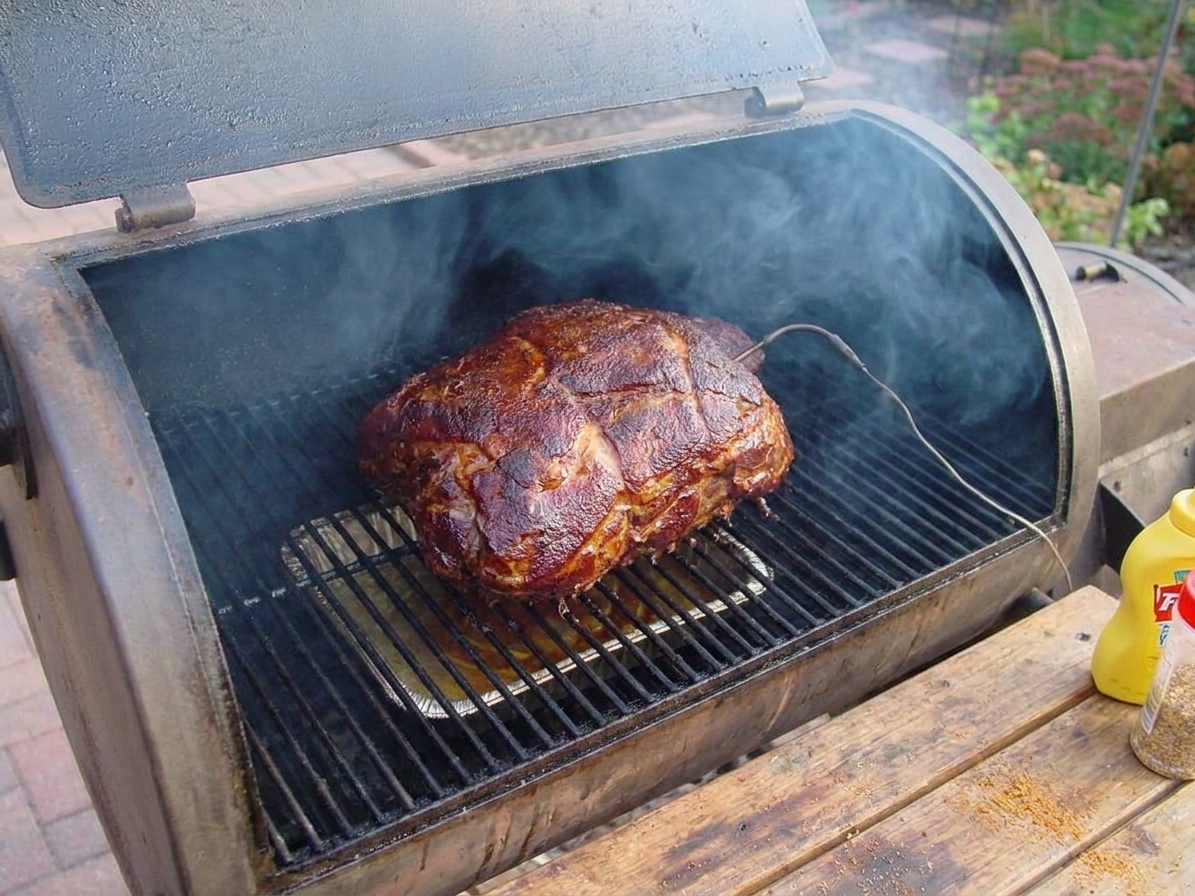 A pork shoulder developing dark bark on a smoker grate with light wisps of smoke in the background
