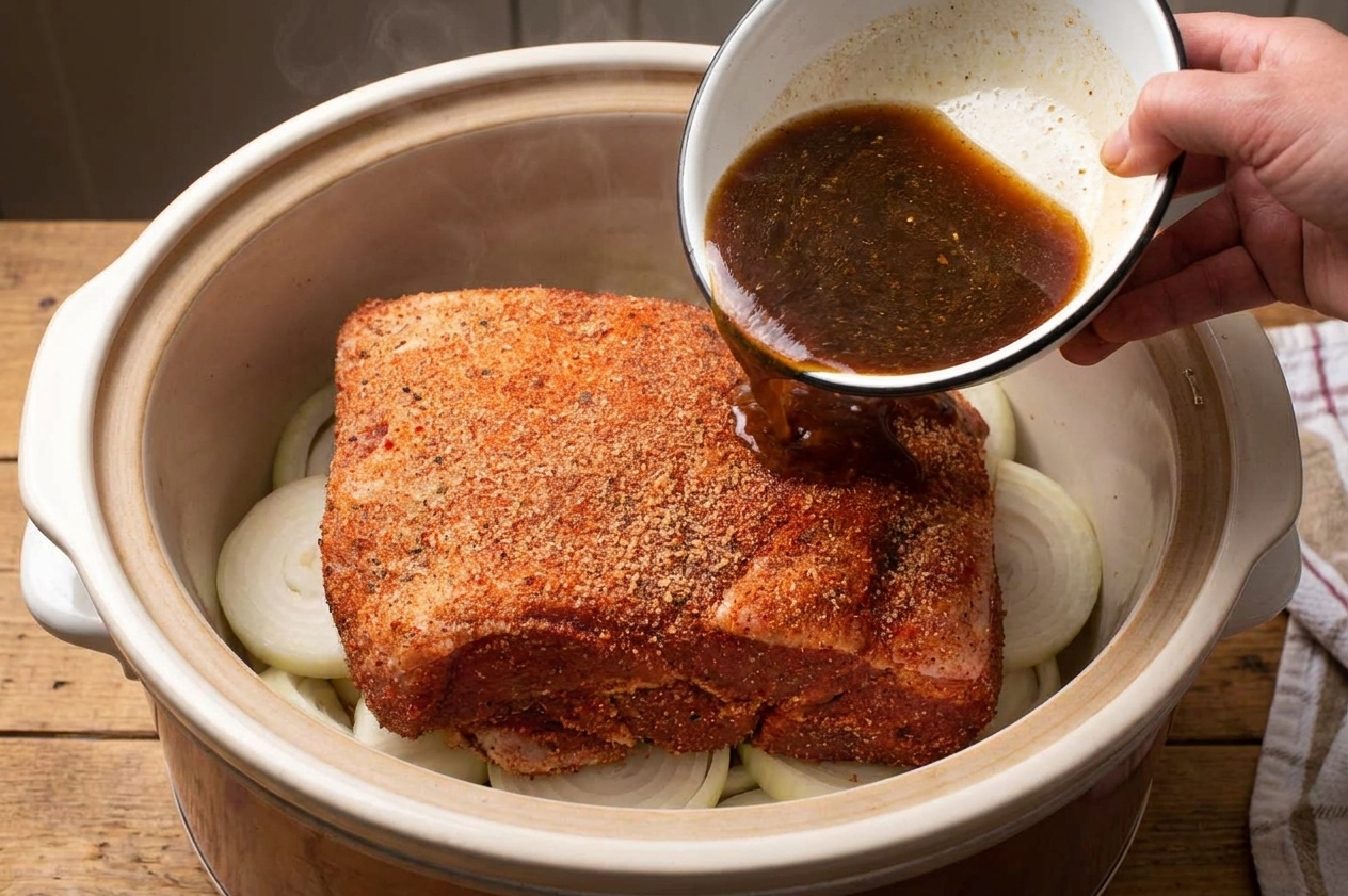 A pork shoulder nestled in a slow cooker over sliced onions with sauce being poured in from a bowl under warm kitchen light