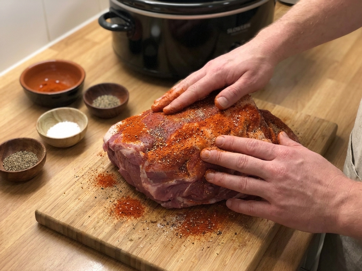 A pork shoulder on a cutting board being coated with a paprika spice rub, with small bowls of seasonings nearby