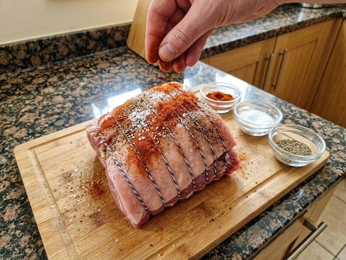 A pork shoulder on a cutting board being sprinkled with smoked paprika, salt, and pepper, with small bowls of spices nearby