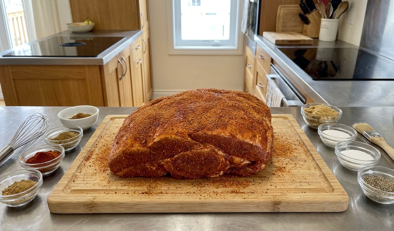 A pork shoulder on a cutting board evenly coated with a smoky spice rub in a bright, everyday home kitchen