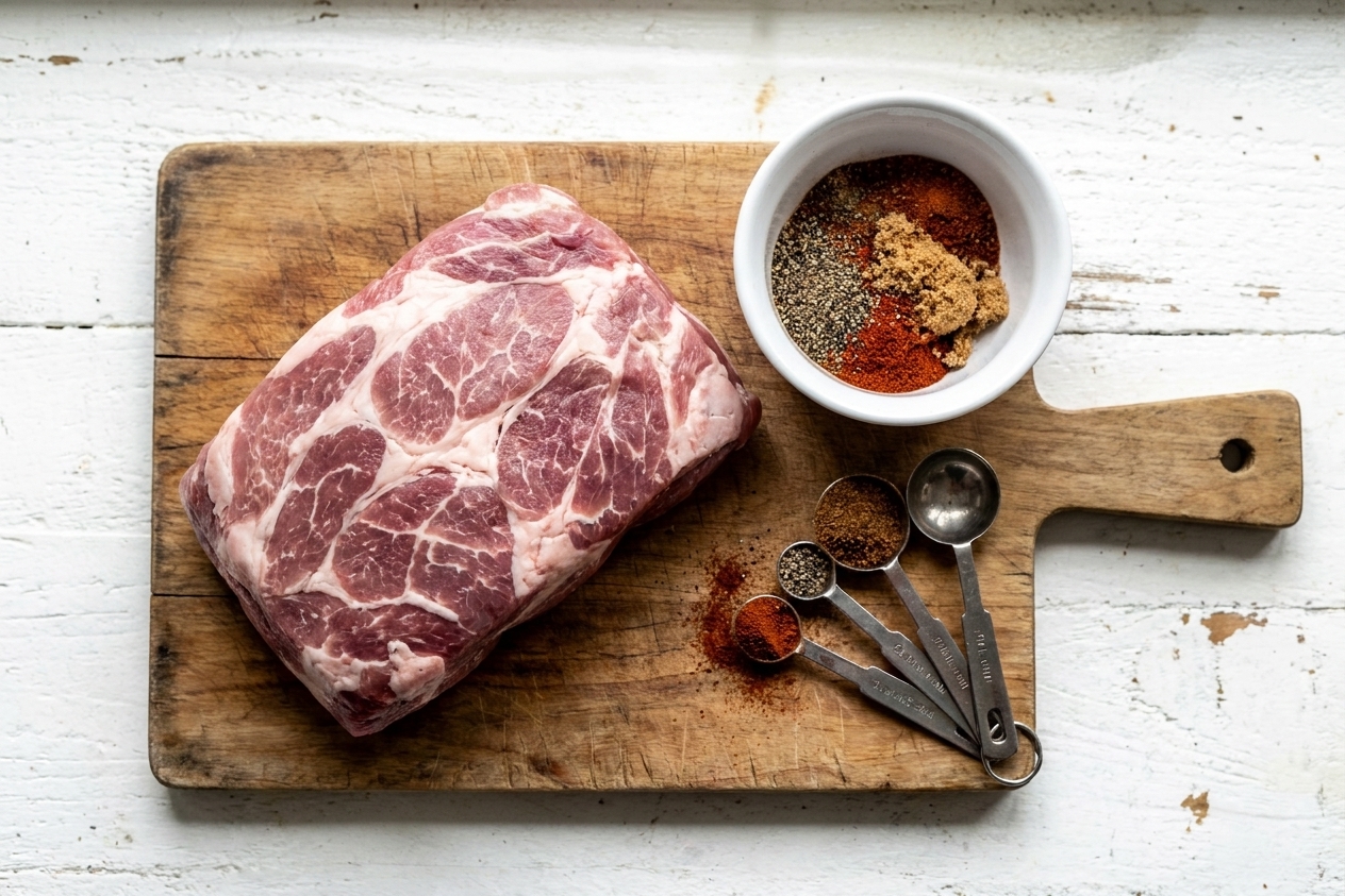 A pork shoulder on a cutting board next to a small bowl of smoky spice rub and measuring spoons on a kitchen counter