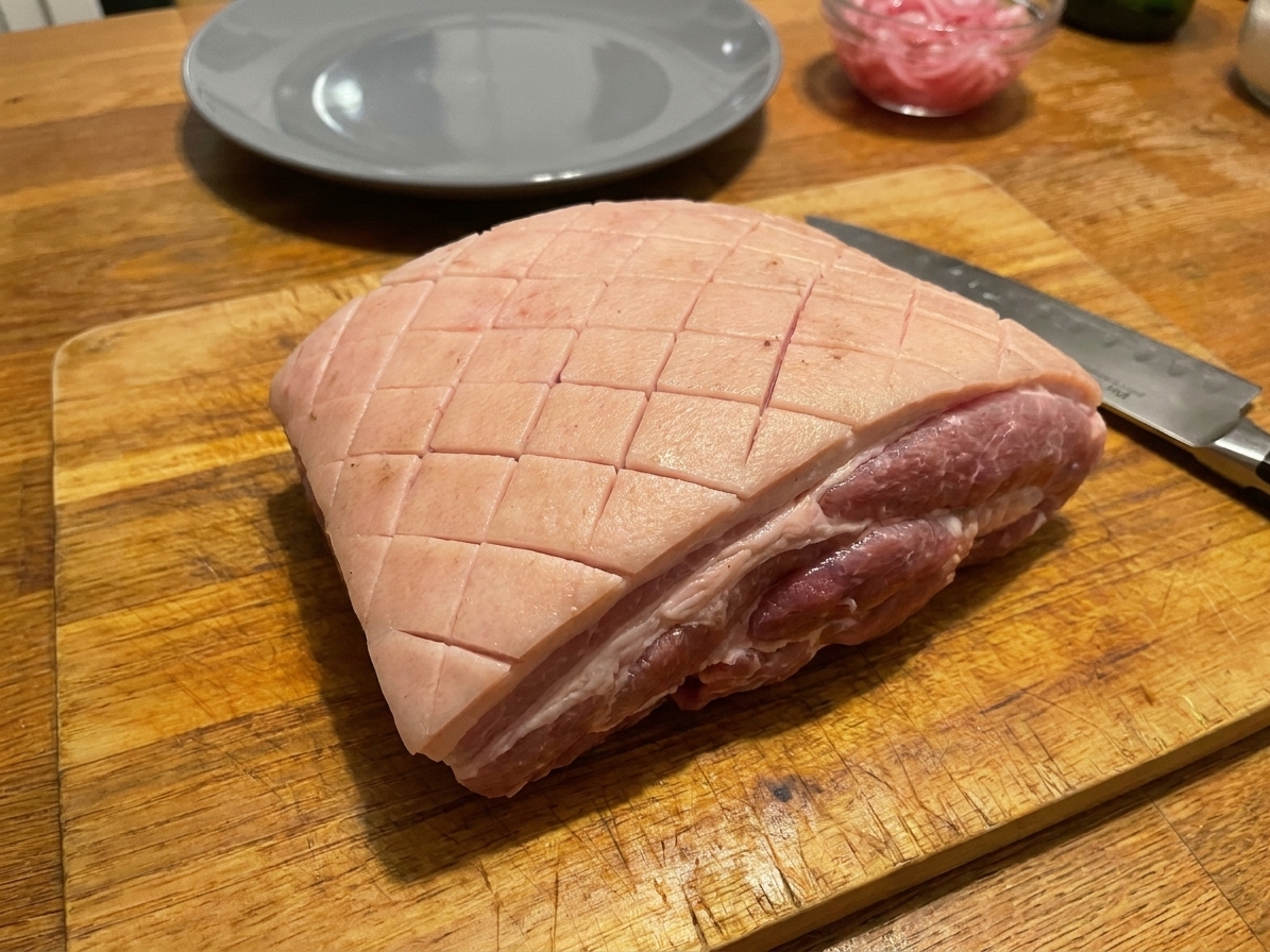 A pork shoulder on a cutting board with the skin scored in a shallow crosshatch pattern