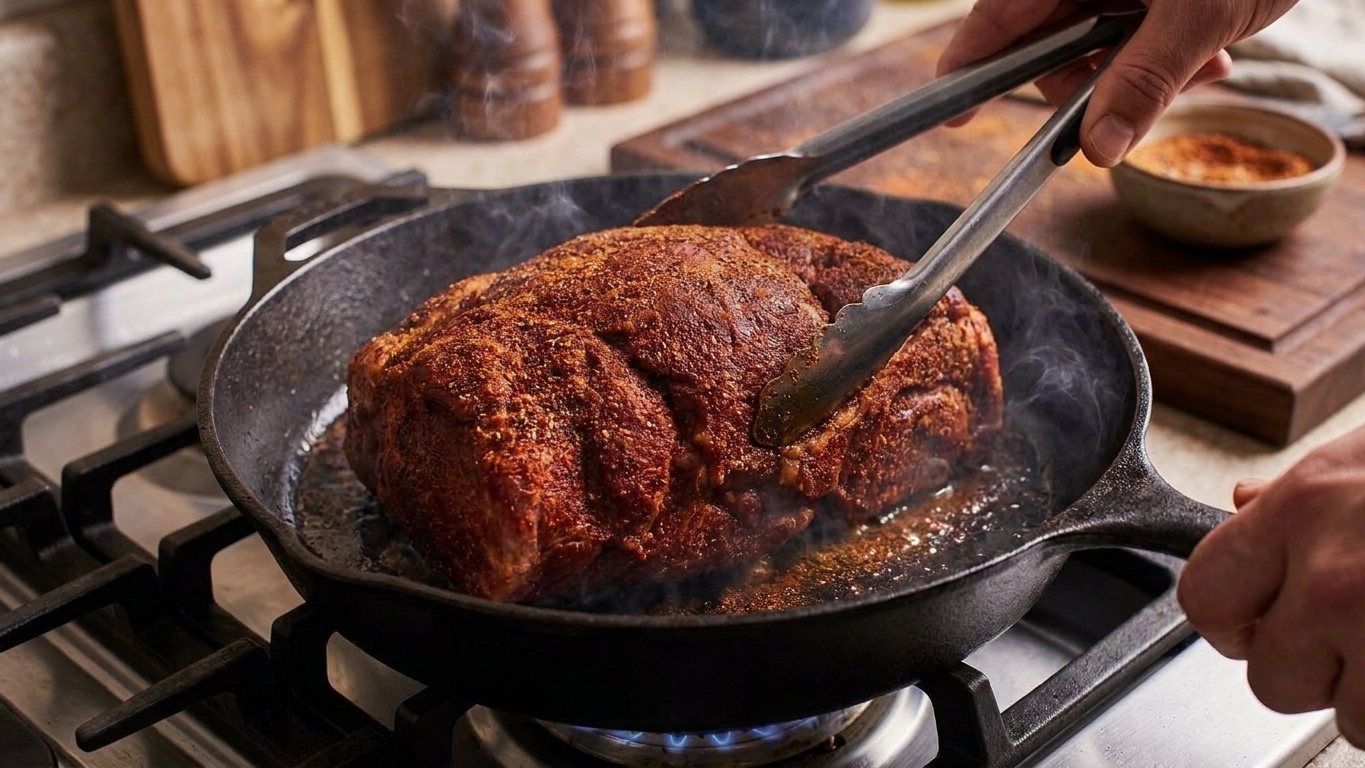A pork shoulder roast browning in a hot cast iron skillet with tongs holding it steady over a stovetop