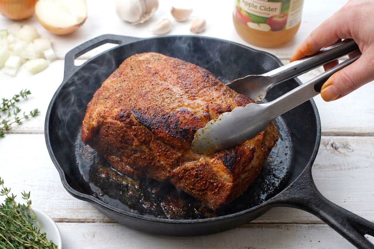 A pork shoulder roast browning in a hot skillet with deep golden edges