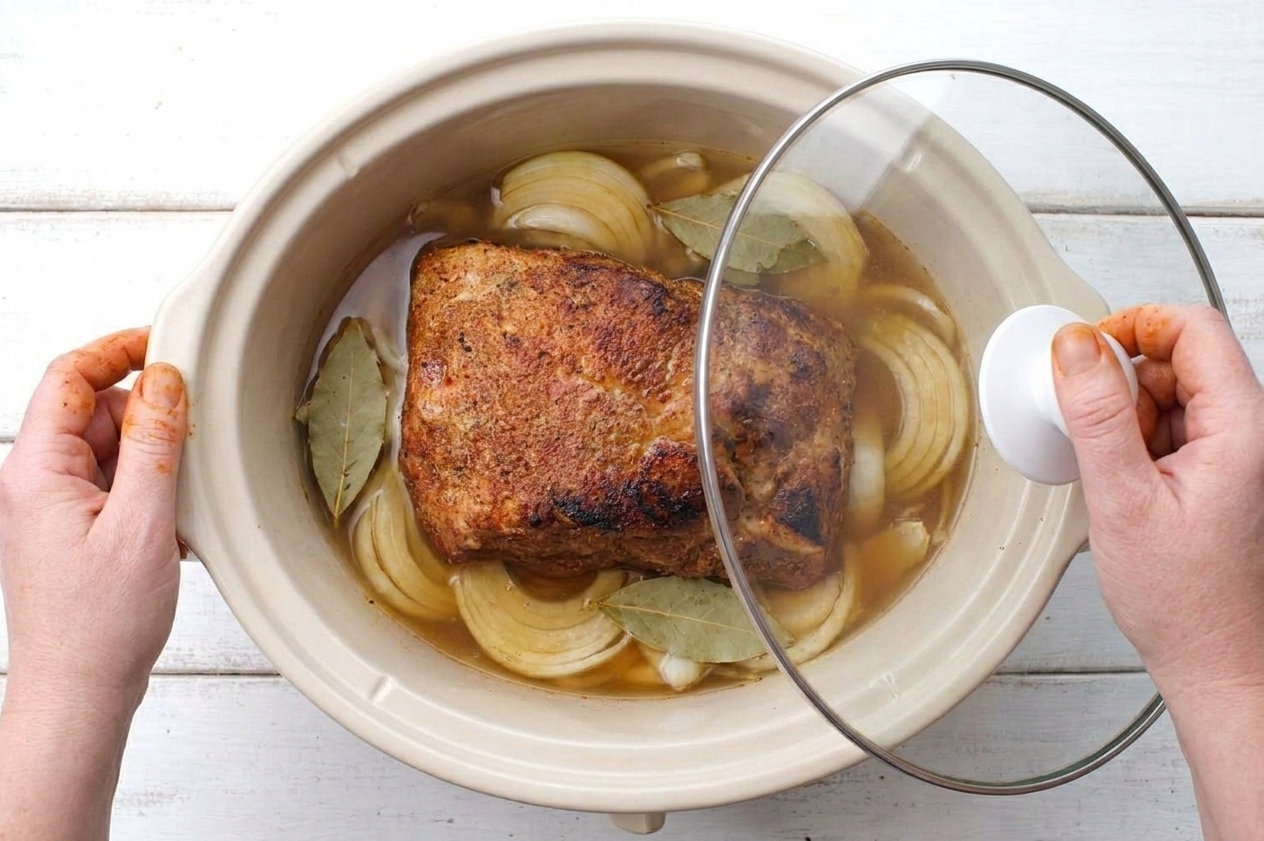 A pork shoulder roast cooking in a slow cooker on a bed of onions with broth and bay leaves