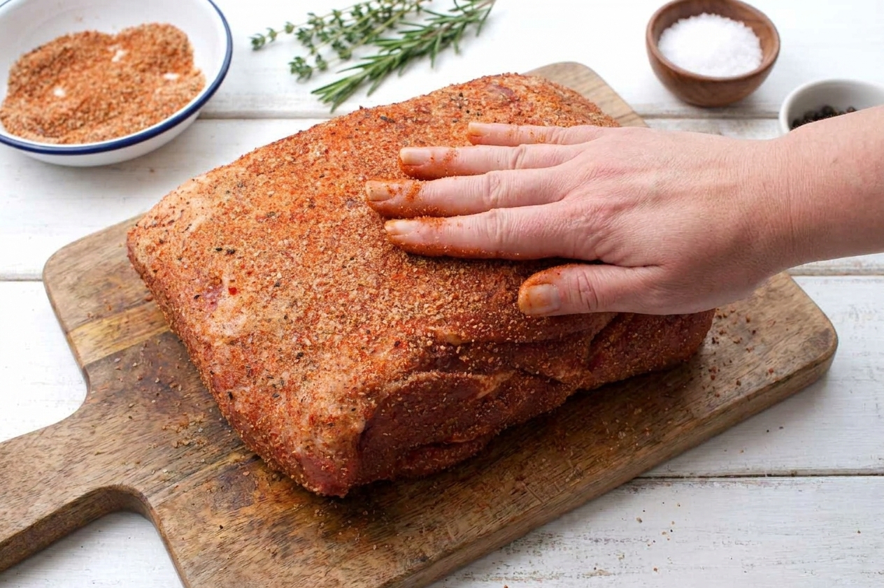 A pork shoulder roast on a cutting board coated evenly with a smoky spice rub