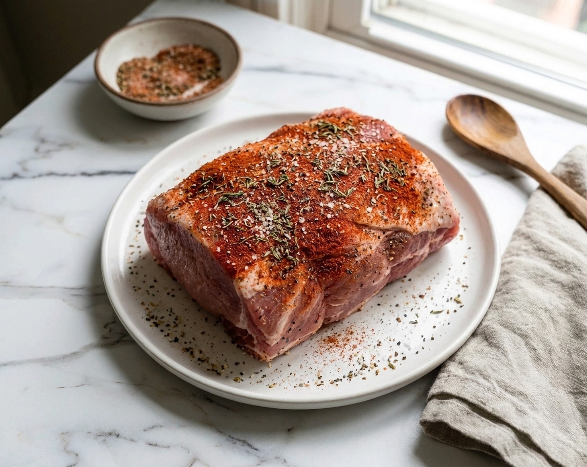A pork shoulder roast rubbed with paprika and spices, ready to cook