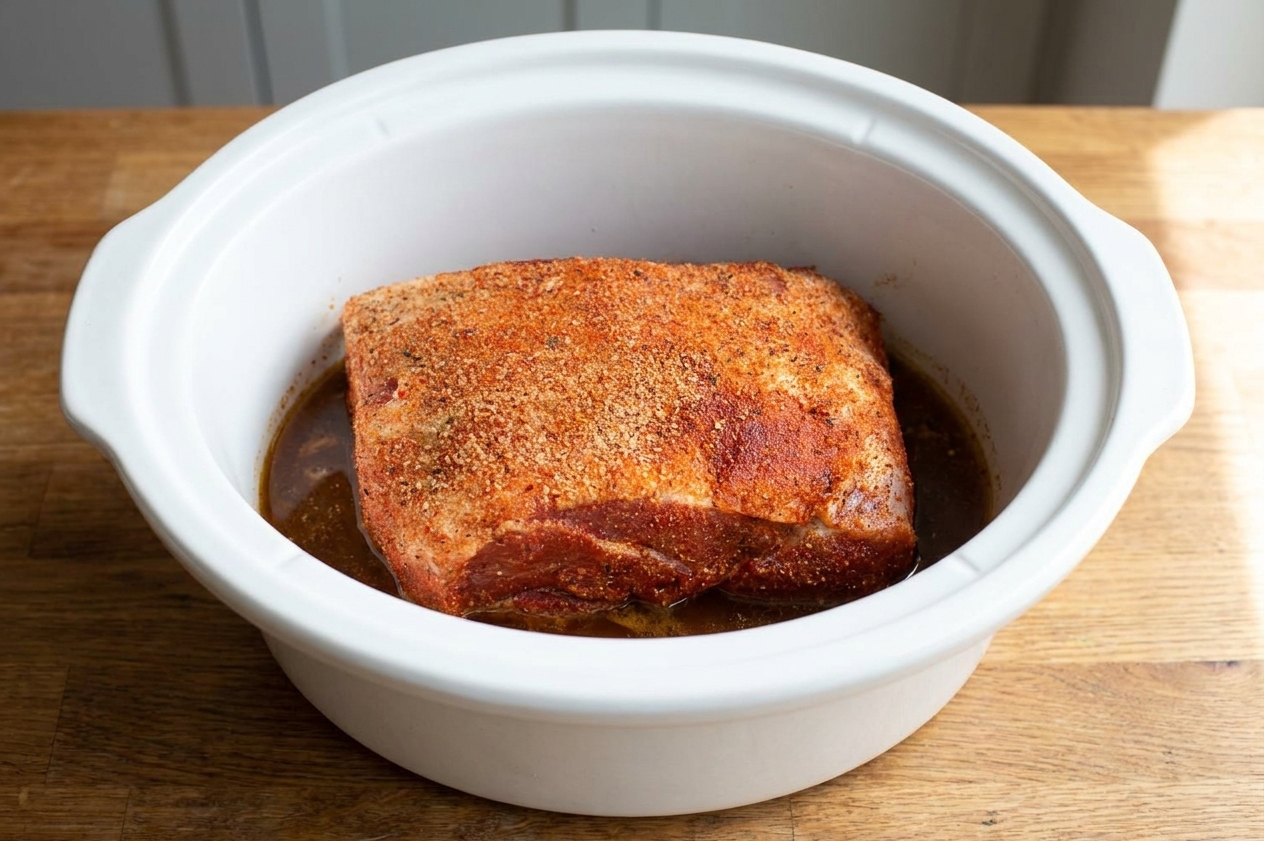 A pork shoulder sitting in a slow cooker insert with a small amount of liquid at the bottom before cooking