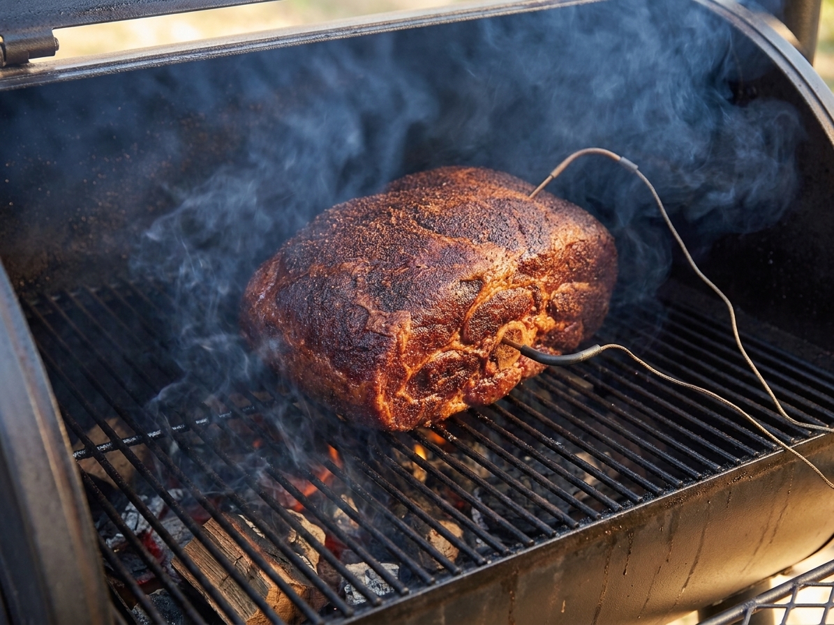A pork shoulder smoking on a grill grate inside a backyard smoker with visible smoke and a temperature probe inserted