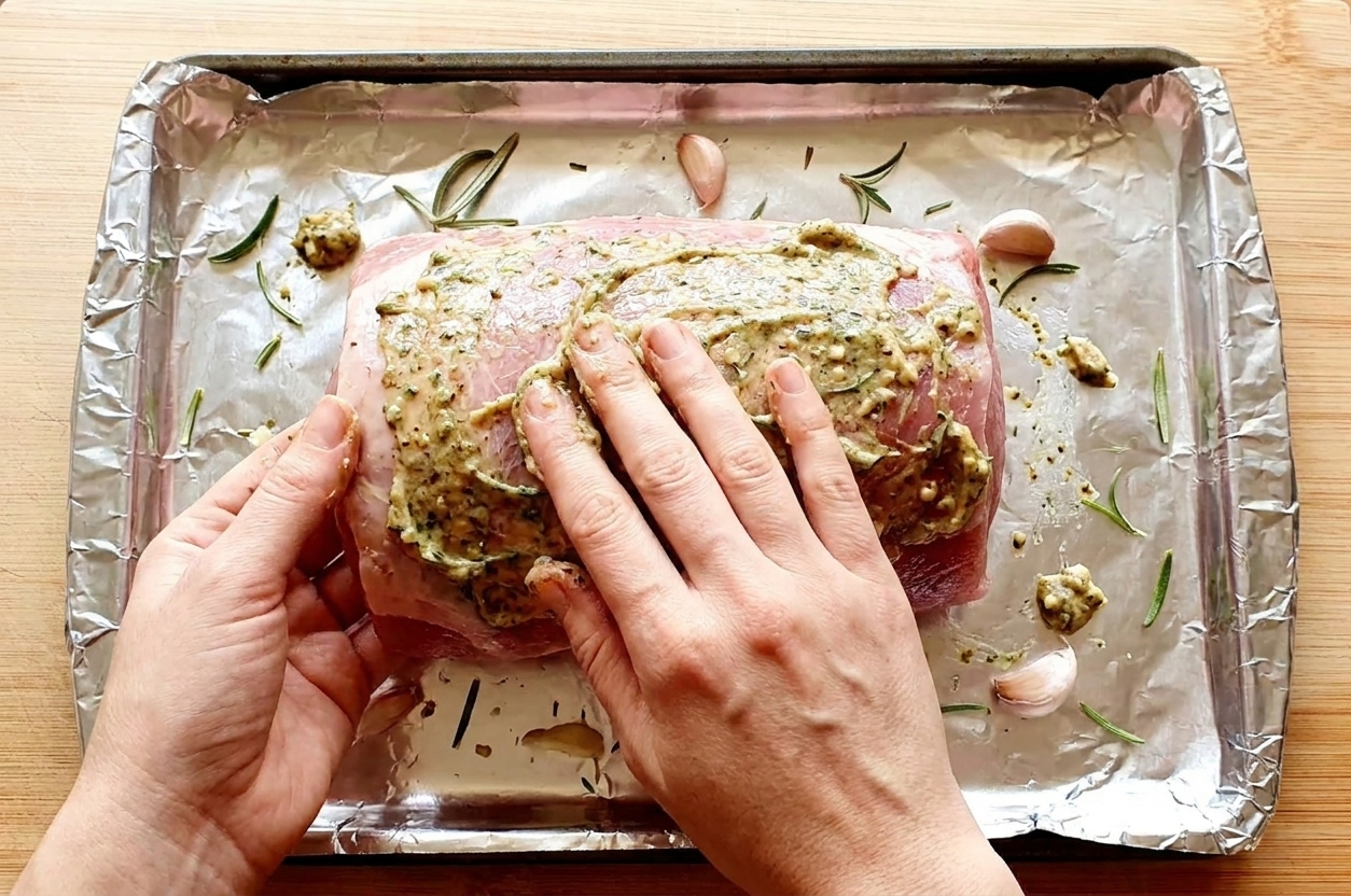 A pork sirloin roast being coated all over with a garlic herb Dijon rub on a foil-lined sheet pan
