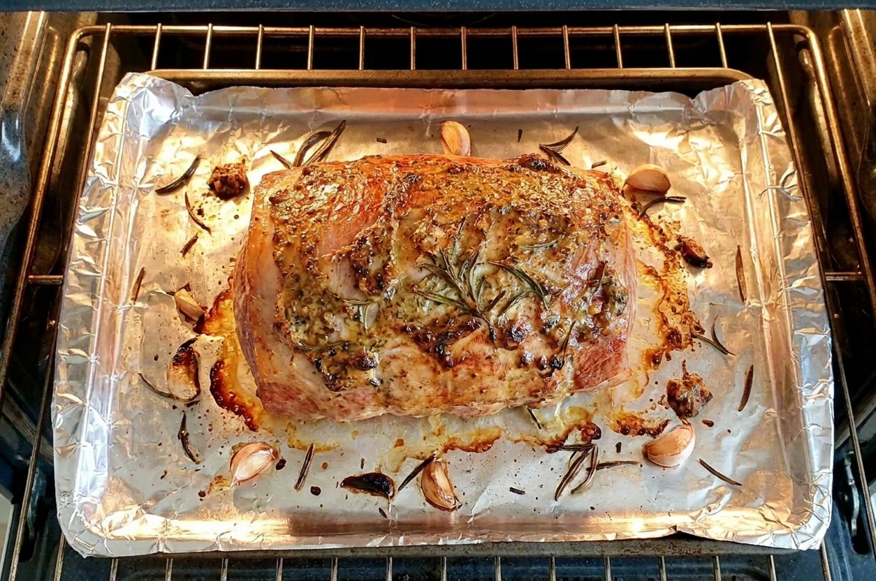 A pork sirloin roast browning on a sheet pan in the oven