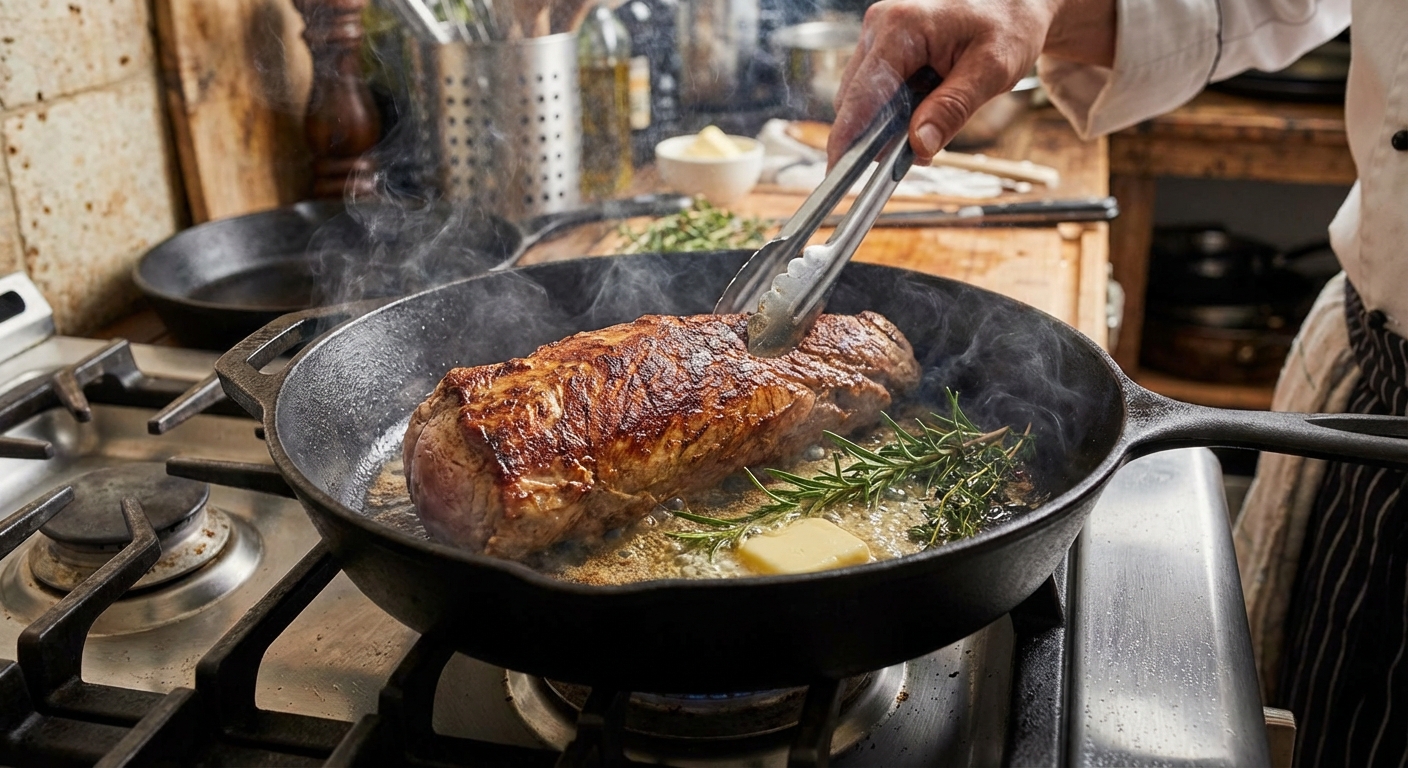 A pork tenderloin being seared in a skillet until golden brown