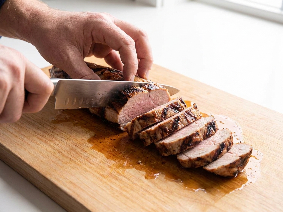 A pork tenderloin being sliced across the grain on a wooden cutting board with a chef's knife and resting juices nearby