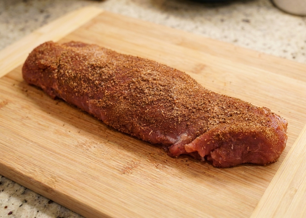 A pork tenderloin evenly coated in a brown sugar and paprika spice rub on a cutting board