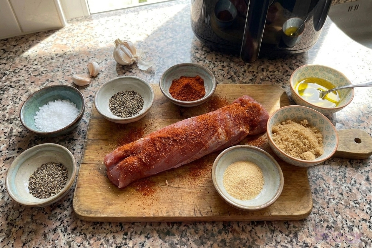 A pork tenderloin on a cutting board surrounded by small bowls of salt, pepper, paprika, garlic powder, brown sugar, and olive oil on a bright kitchen counter