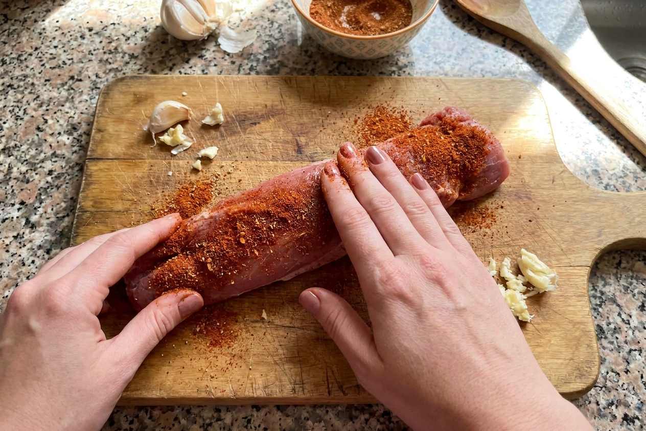 A pork tenderloin on a wooden cutting board being coated with a paprika garlic spice rub in a bright home kitchen