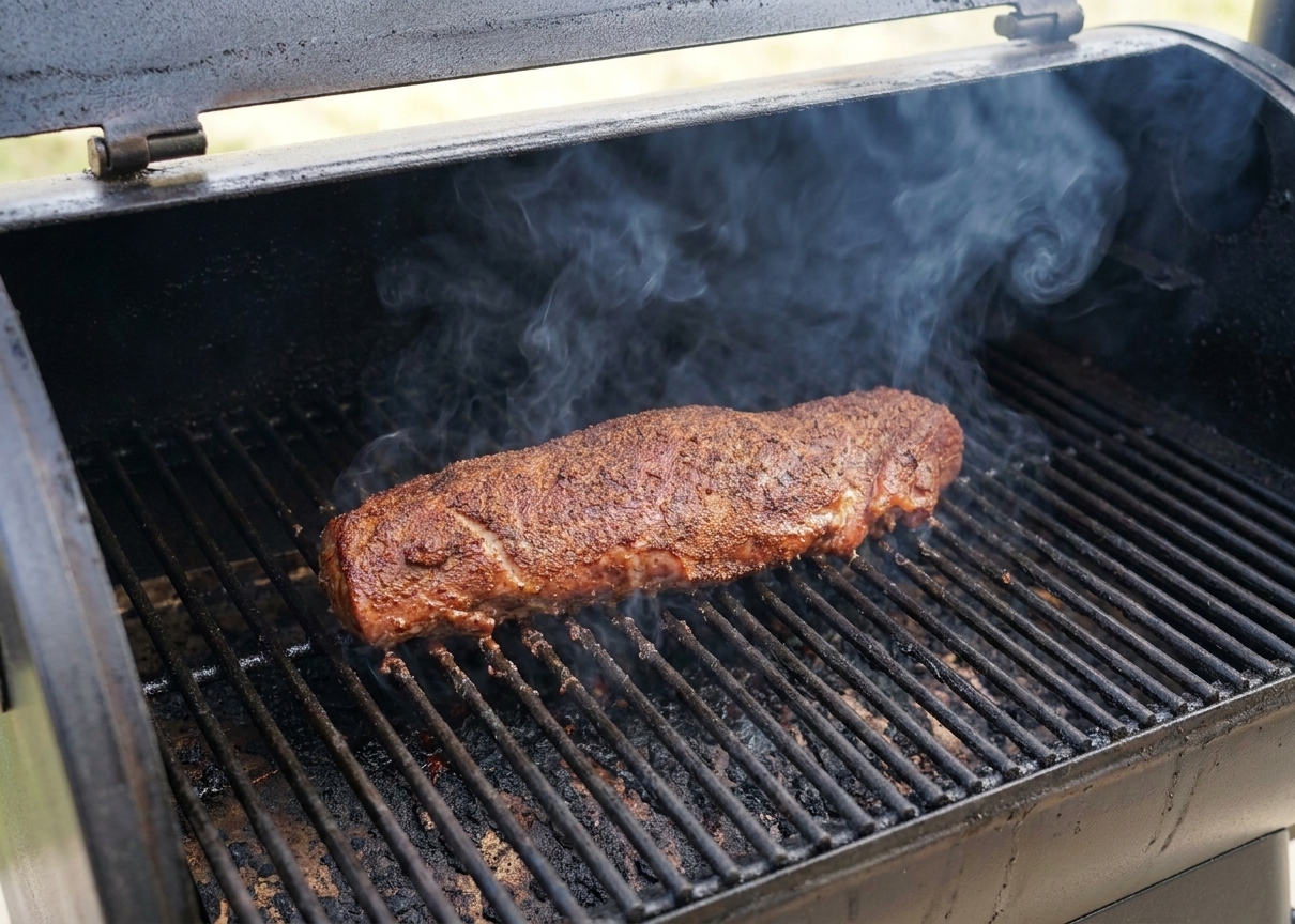 A pork tenderloin smoking on grill grates with light smoke drifting upward, lid open briefly for a quick check