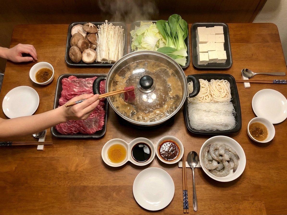 A portable induction burner on a dining table with a pot of simmering broth, surrounded by small sauce bowls and plates of ingredients