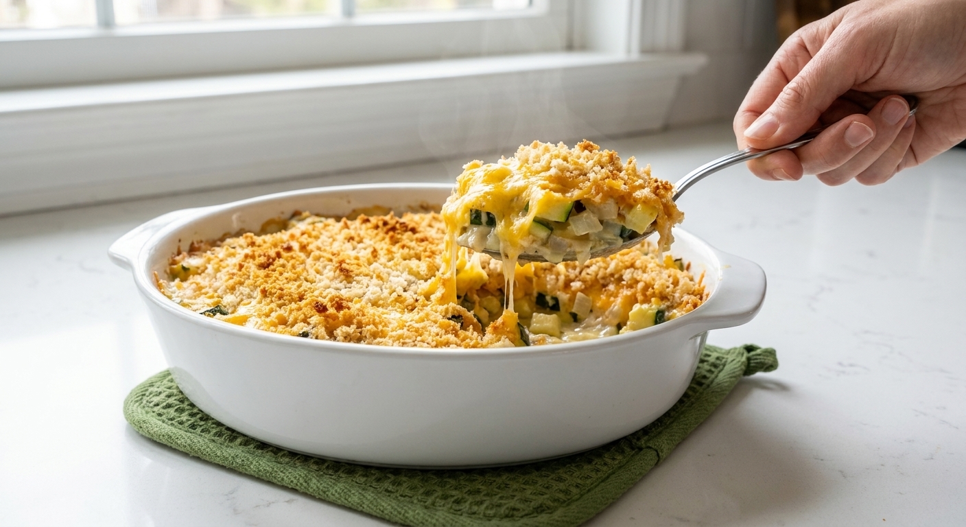 A portion of cheesy zucchini casserole lifted from the pan, showing creamy zucchini layers beneath a crisp breadcrumb topping