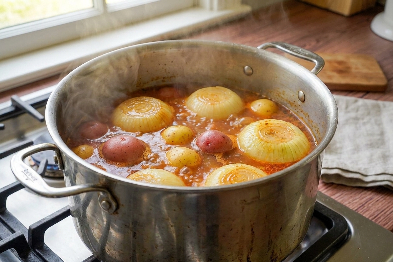 A pot at a gentle simmer with potatoes and halved onions visible at the surface while steam rises in a home kitchen