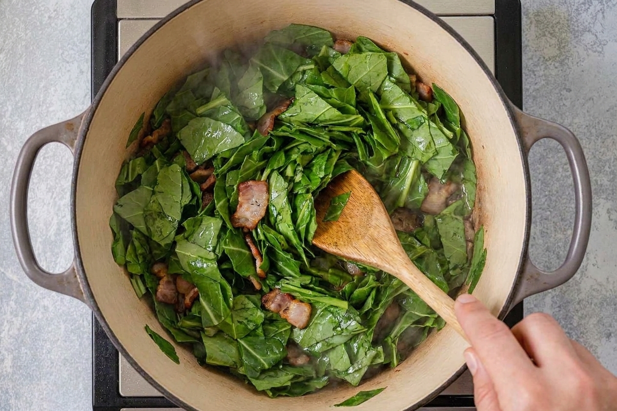 A pot filled with bright green turnip greens being stirred as they begin to wilt, with steam rising on the stovetop