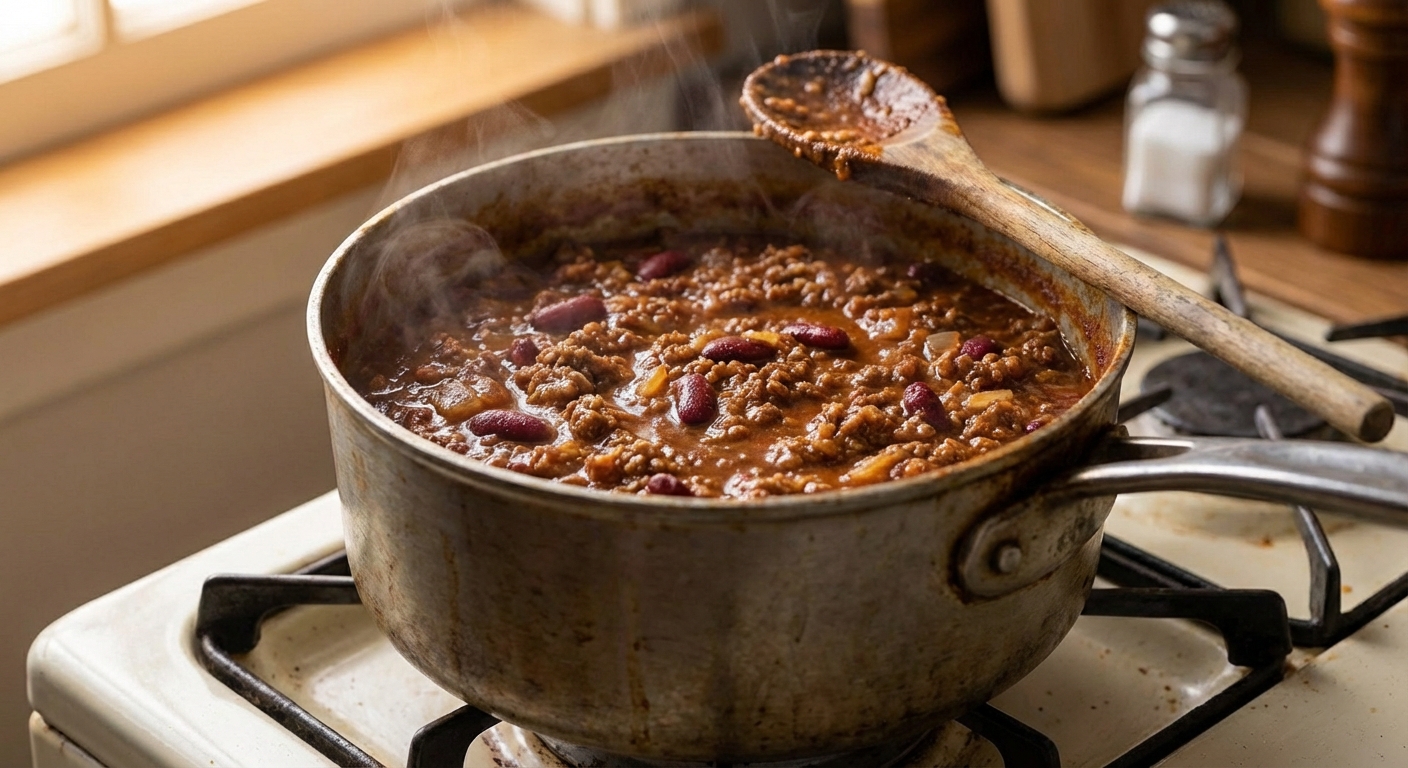 A pot of Cincinnati chili simmering on a stovetop with a wooden spoon resting on the rim