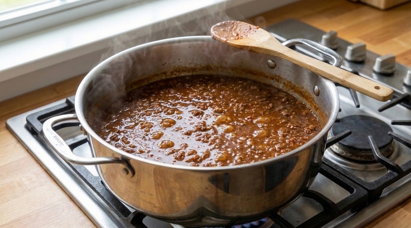 A pot of Cincinnati-style chili gently simmering on the stove with a spoon resting on the rim