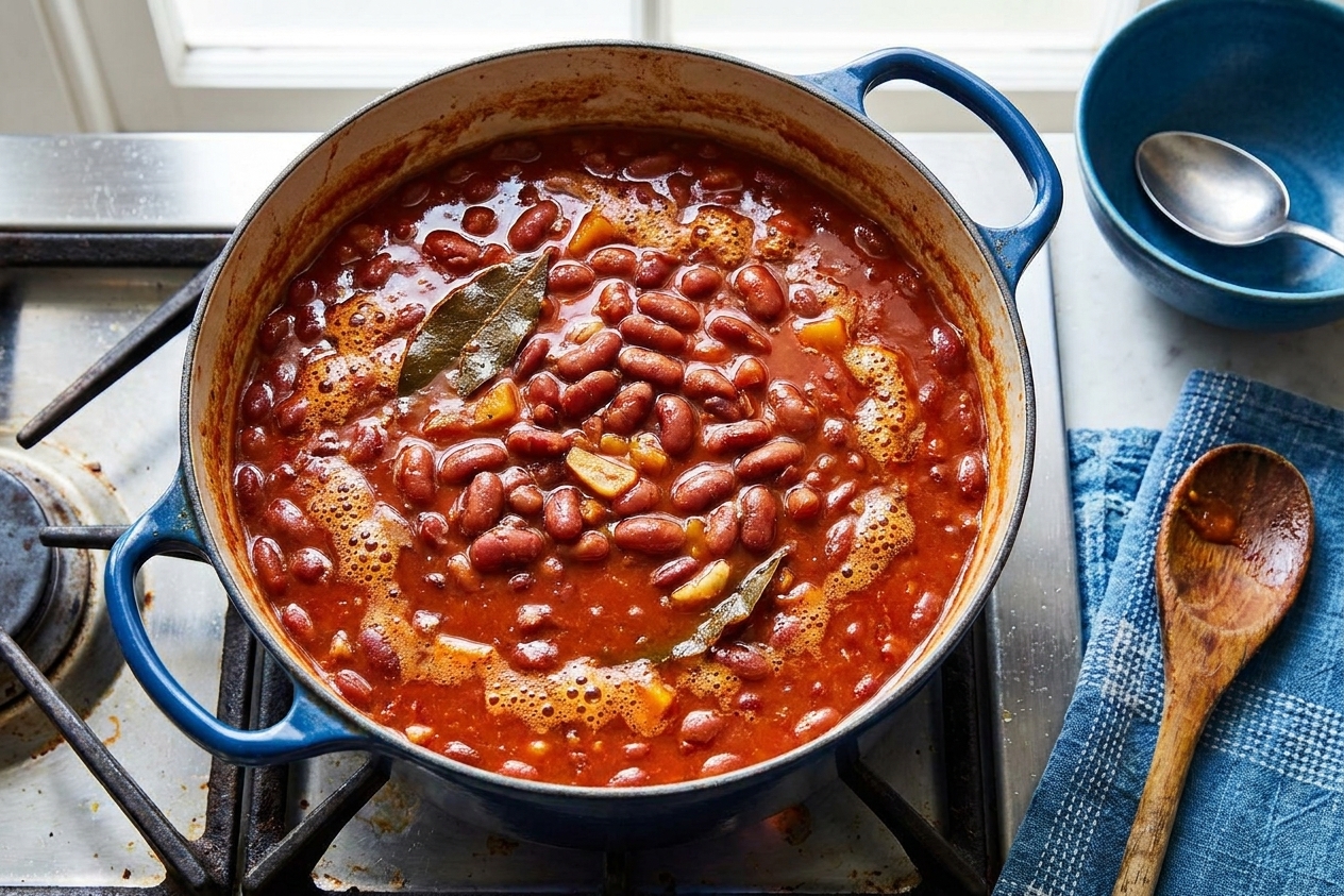 A pot of Dominican stewed red beans simmering on the stove with a glossy surface and small bubbles around the edges