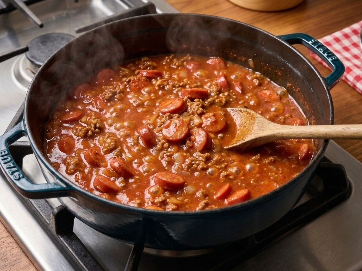 A pot of Filipino spaghetti sauce simmering gently with visible meat and hot dog slices, steam rising under warm kitchen lighting