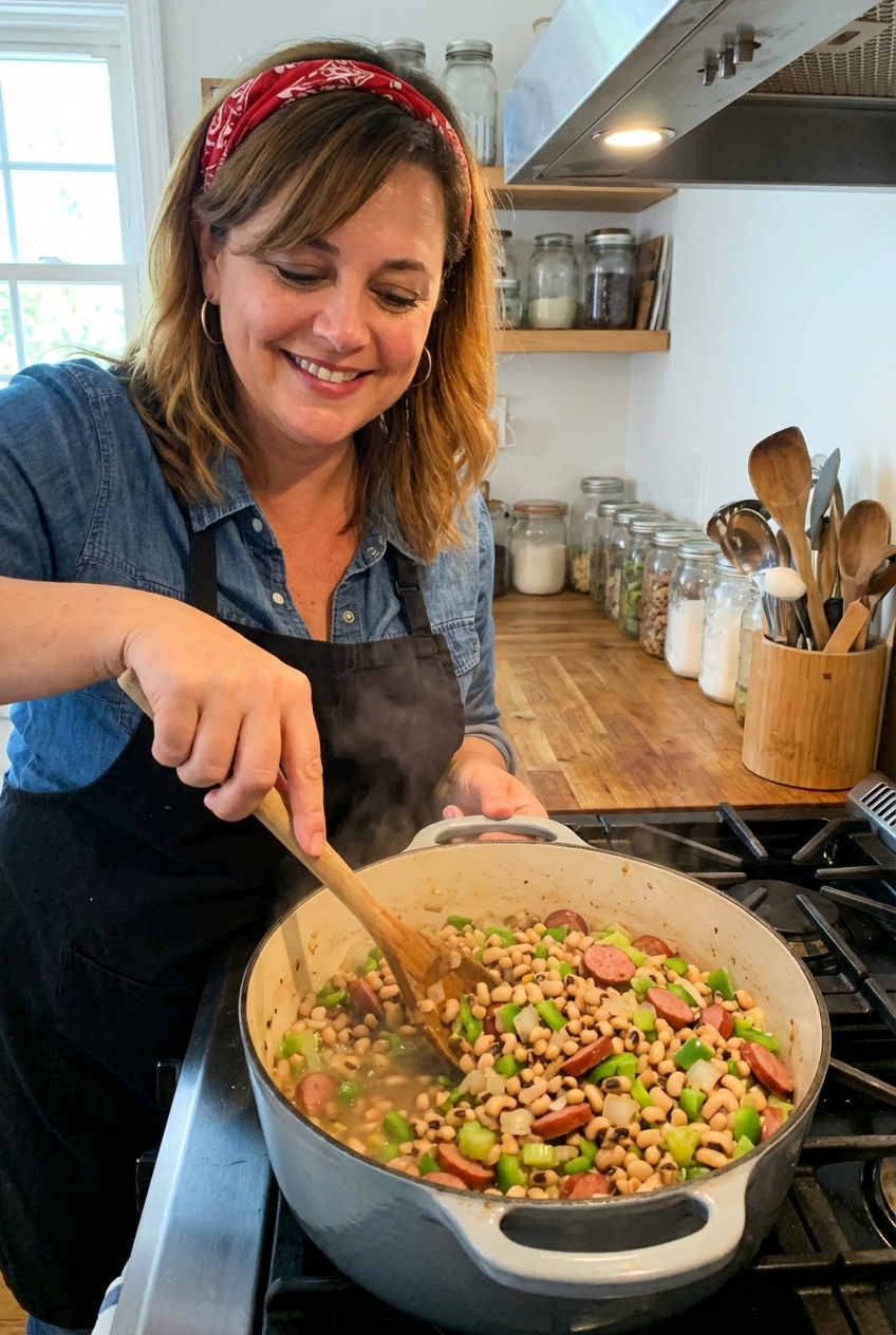 A pot of Hoppin’ John simmering on the stove with visible black-eyed peas, diced vegetables, and sausage
